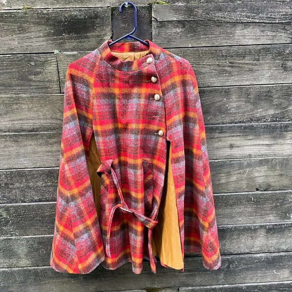 Vintage 1960s Jerold Plaid Wool Cape Used red - Picture 1 of 3